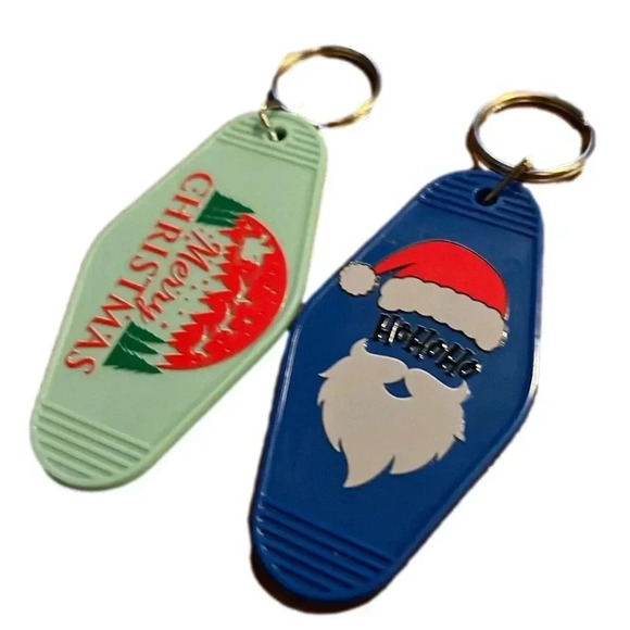 Holiday Key Tags, Merry Christmas, Santa, Reindeer, Hat, Ho-Ho- Ho (Set of 2) - Picture 1 of 8